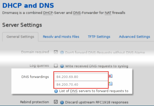 luci/openwrt set dns forwarder