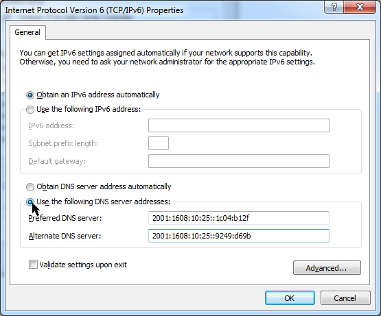 Windows 7 IPv6 properties